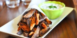 Purple and Sweet Potato Fries with Herb Dip