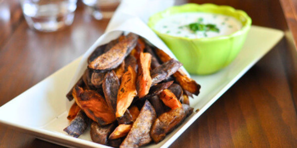 Purple and Sweet Potato Fries with Herb Dip - Christine Avanti