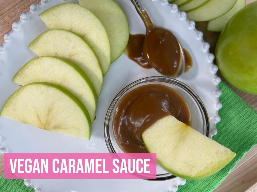 Vegan Caramel Sauce with sliced green apples for dipping