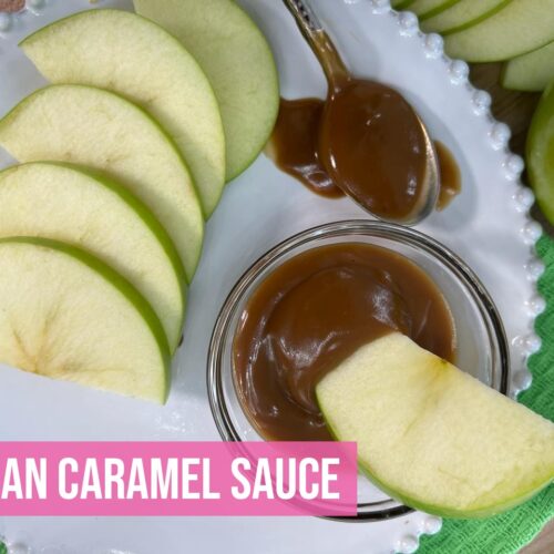 Vegan Caramel Sauce with sliced green apples for dipping