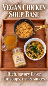 Vegan Chicken Soup Base: a jar of homemade soup base with a mug of broth, seasoned rice and a bowl of pastina soup on a wooden tray