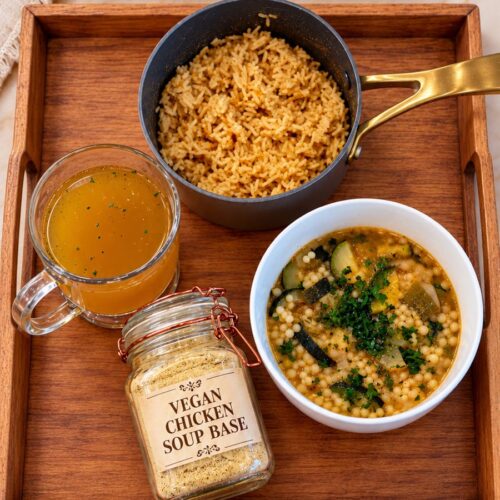 Vegan Chicken Soup Base: a jar of homemade soup base with a mug of broth, seasoned rice and a bowl of pastina soup on a wooden tray