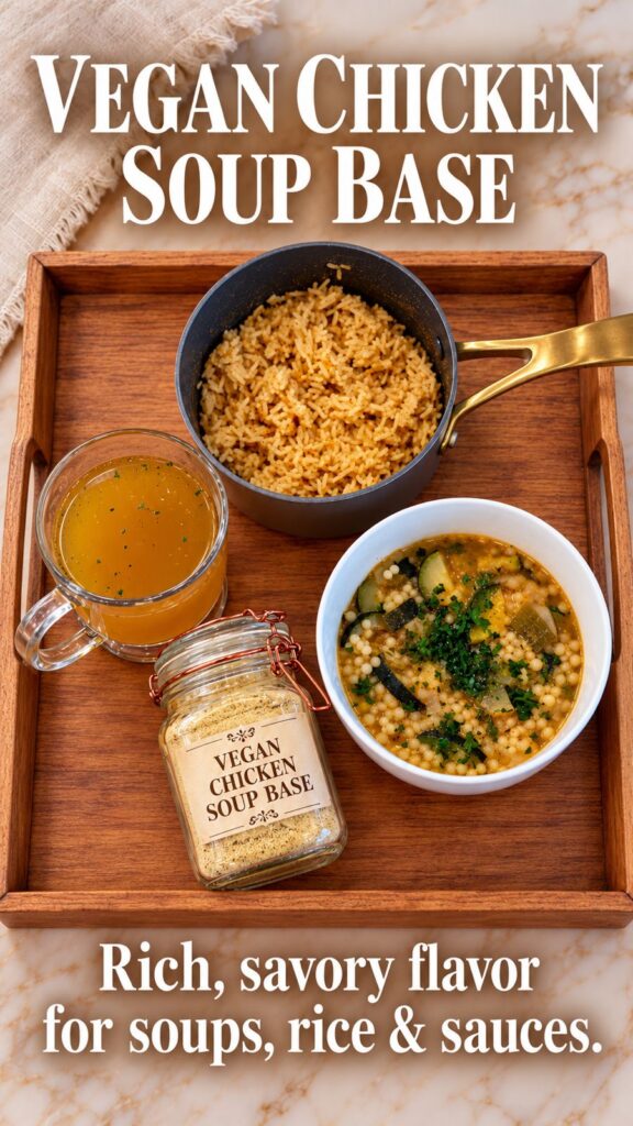 Vegan Chicken Soup Base: a jar of homemade soup base with a mug of broth, seasoned rice and a bowl of pastina soup on a wooden tray